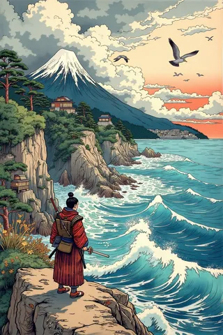 Ukiyo-e style artwork depicting a samurai overlooking crashing waves along rocky cliffs with Mount Fuji in the background and birds flying in the cloudy sky.