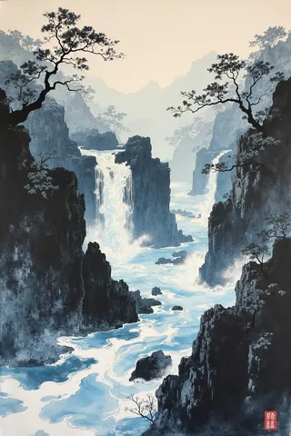 Oriental ink-wash style painting depicting a misty mountain landscape with waterfalls cascading between rocky cliffs and scattered trees.
