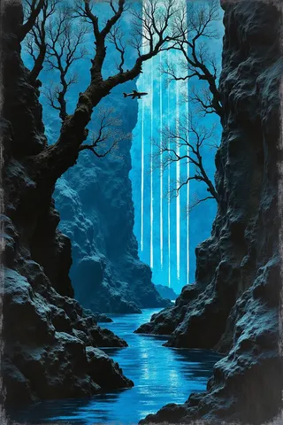 Dark-toned landscape in blue and black with rocky canyon walls, barren trees, a reflective river, and streaks of light in the sky with a mysterious atmosphere.