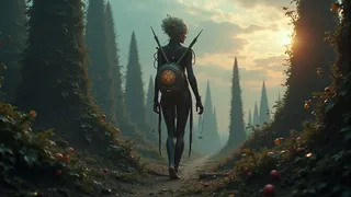 A battle-hardened sniper stands barefoot in a surreal, dark fantasy estuary surrounded by tall, spire-like trees and soft sunlight filtering through clouds, wearing a black, textured suit with a round high-tech backpack and quantum gauntlet.