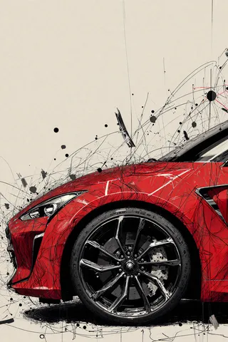 A detailed sketch of a red sports car front side with a large black wheel, abstract black and gray lines, and scribbles on a beige background.