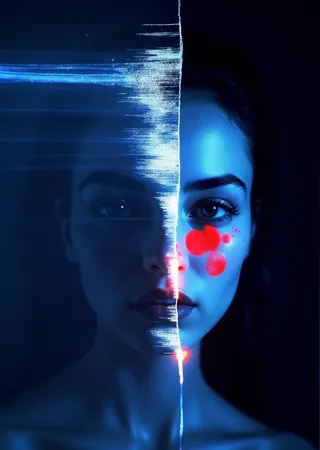 Close-up conceptual art portrait of a woman's face in blue monochrome, partially obscured by a vertical digital glitch line, with red paint splashes on her cheek.