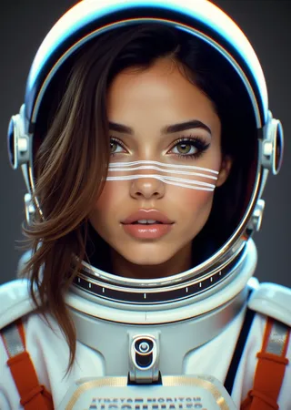 Portrait of a beautiful latino woman astronaut wearing a space helmet, with a digital liquid glitch effect creating a subtle optical illusion on her face.