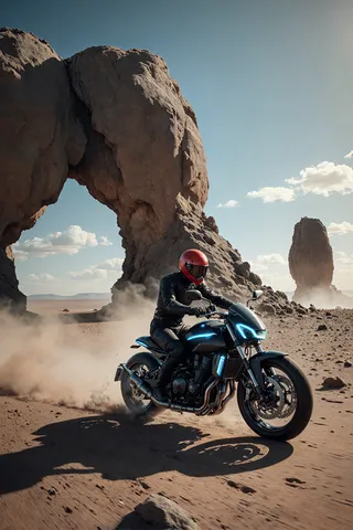 A person in a red helmet and black suit riding a futuristic motorcycle with blue lights through a dusty desert with large rock formations and an arch-like rock in the background.