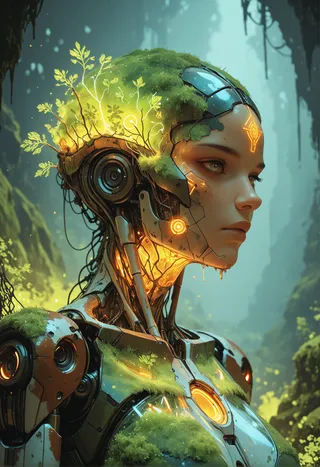 A high quality science fiction robot with mechanical joints and glowing orange elements, covered in moss and organic growth, set in a misty forest environment.