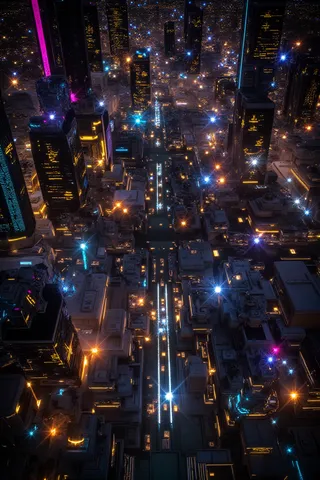 A top-down aerial view of a dystopian neon-lit cityscape at night with towering skyscrapers, glowing casinos, and radiant neon light trails.