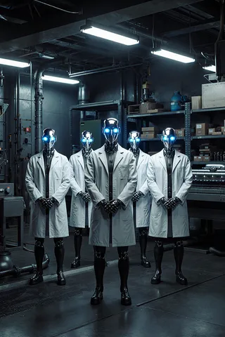 Five humanoid robots with metallic bodies and glowing blue eyes wearing white lab coats standing in a dimly lit industrial factory with shelves and machinery.