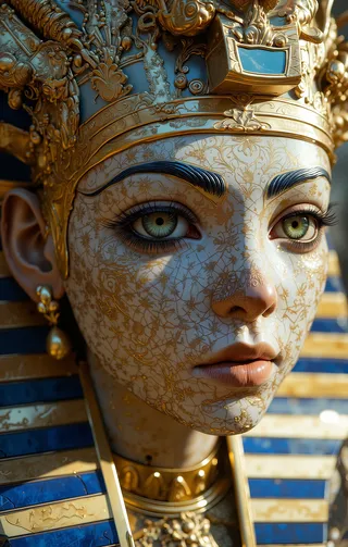 Close-up of a mythology goddess wearing a highly detailed Tutankhamen mask decorated with blue and white azulejo patterns and intricate gold designs.