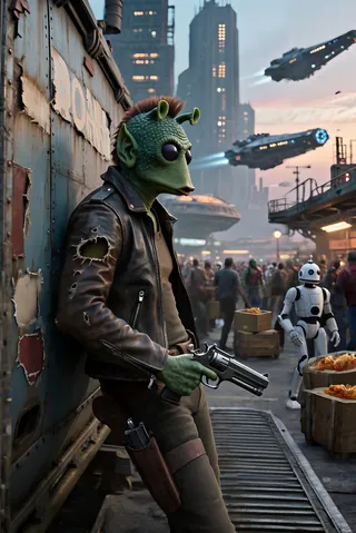 A male Rodian smuggler with green reptilian skin and a torn leather jacket leans against a weathered freighter in a busy sci-fi spaceport, holding a blaster pistol with starships flying overhead and droids active in the background.