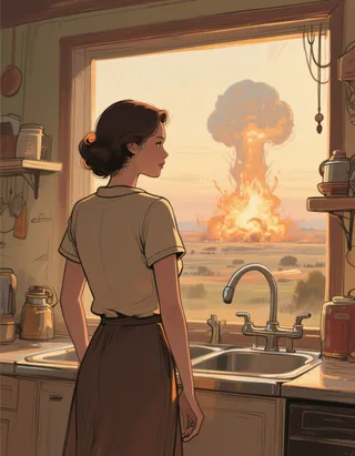 Illustrated retro-style woman standing in kitchen, viewed from behind, looking out the window at a distant large atomic explosion with a mushroom cloud.