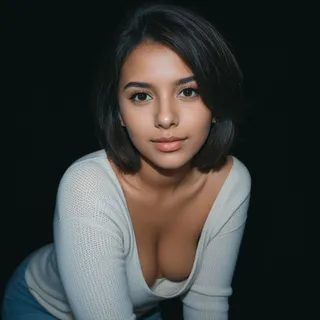 Close up portrait of a young woman with short black hair wearing a white sweater against a black background, looking directly at the camera.