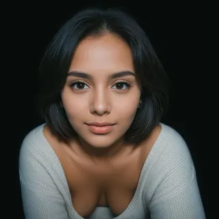 Close up portrait of a young woman with short black hair wearing a white sweater against a black background, looking directly at the camera with a soft expression.