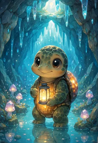 A cute tortoise holding a glowing lantern, standing in a bioluminescent underground crystal cavern filled with glowing fungi and shimmering stalactites in anime style.
