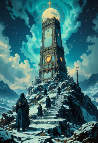 A spiraling tower of ornate translucent stone rises from a snow-covered mountain in a frozen wasteland, with pilgrims in dark ceremonial robes ascending icy steps beneath a glowing moon and ethereal northern lights.