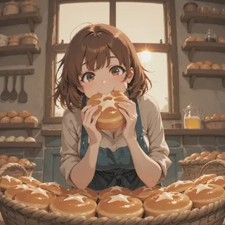 Animated young baker girl with short brown hair eats bread with a star on it inside a warmly lit, rustic bakery filled with fresh pastries and bread baskets.