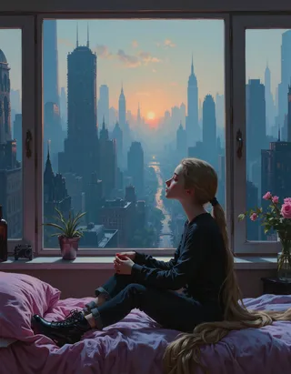 A hyper-realistic oil painting of a sad cyberpunk tween Rapunzel sitting on her bed, gazing out at a sprawling cityscape sunset with towering skyscrapers, long blonde hair flowing, and soft daylight streaming through a large futuristic window.