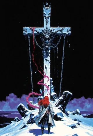 A melancholic Japanese girl with crimson hair stands on a snow-covered hilltop facing an enormous weathered white stone cross bound by black chains under a dark night sky.