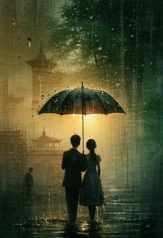 A couple sharing an umbrella walking in the rain at sunset with shimmering raindrops and an antique cityscape in the background.