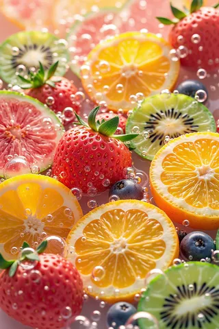 Close-up of fresh fruits including lemon, lime, strawberries, kiwi, and blueberries with bubbles and water splashes, conveying zesty freshness.