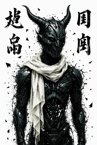 A digital artwork of a dark, futuristic armored figure with black, sharp horns and a flowing white scarf, surrounded by black Chinese characters on a white background.