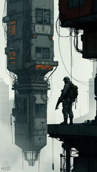 A digital painting showing a soldier in gear standing on a ledge, silhouetted against a foggy futuristic industrial cityscape with tall buildings glowing orange.