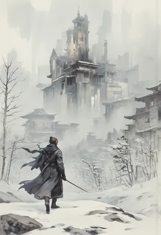 A futuristic samurai wanderer in dark flowing robes walks through a snowy, mist-filled winter forest toward ancient, towering buildings depicted in an ink-wash painting style.
