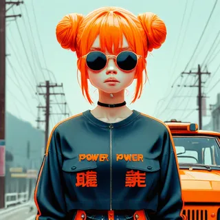 Young woman with bright orange hair in double buns wearing round sunglasses and a black choker, standing on a street with power lines and an orange ground vehicle behind her.