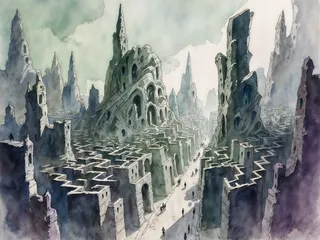 Watercolor scene depicting a vast graveyard filled with ancient, ruined, maze-like stone structures representing dead analog technologies including Betamax, with small human figures walking the pathways.