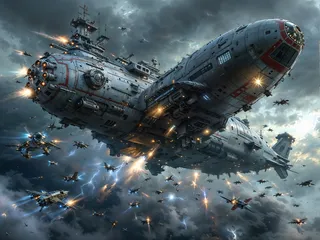A massive futuristic spaceship engaged in a battle with numerous smaller fighter jets under a stormy, lightning-filled sky, with laser fire and explosions.