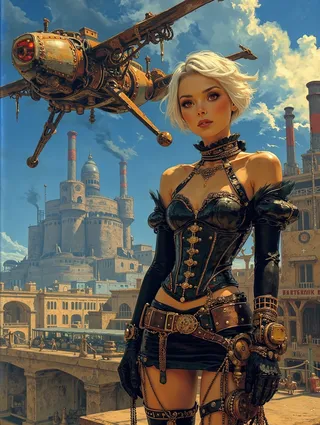 Confident woman with short platinum-blonde hair wearing a black gothic-steampunk leather corset stands in an expansive industrial city filled with towering mechanical structures and clockwork towers beneath a blue sky.