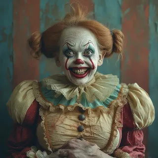 A detailed portrait of a scary clown with red hair in pigtails, white face paint with red and blue makeup, wearing a vintage circus costume with a ruffled collar.