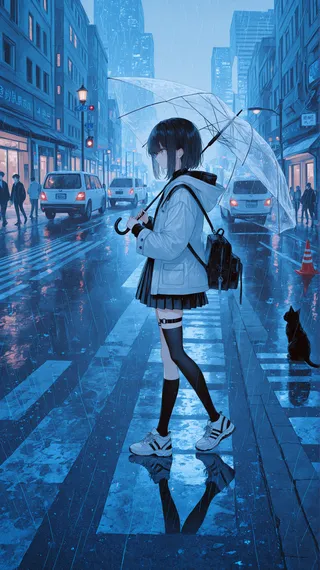 Girl with black hair wearing thighhigh socks and sneakers, holding a transparent umbrella while standing on a rainy city street with reflected lights and a black cat nearby.