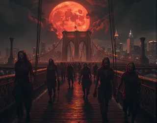 A post-apocalyptic scene with a massive horde of decaying zombies walking across the Brooklyn Bridge at night, illuminated by a colossal blood-orange moon in a dark and stormy sky.
