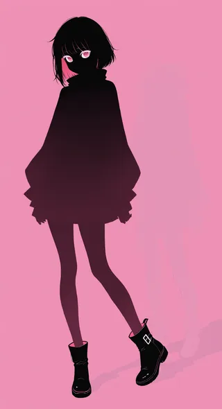 Silhouette of a girl with short hair and glowing pink eyes wearing ankle boots against a solid pink background.