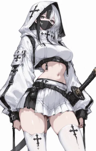 Girl with black and white hair in a white hooded outfit adorned with black cross symbols, wearing a black mask, thighhigh boots, and holding a sword.