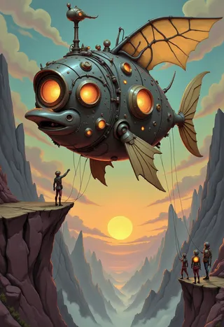 A large mechanical fish-shaped airship with glowing orange portholes and golden wing-like fins hovers above a mountainous valley at sunset, with human explorers tethering it to cliffs.