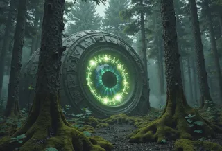 A large, ancient Illuminati Eye with glowing emerald and sapphire hues, surrounded by cryptic symbols, resting in a misty, shadowed forest.