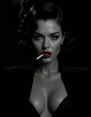 Black and white ultra-realistic noir portrait of a confident femme fatale with retro curls, bright red lipstick, smoking a cigarette with smoke curling upwards.