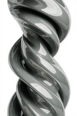 A highly detailed futuristic cylindrical sculpture with a smooth, glossy gray surface featuring intricate and overlapping curved lines on a white background.