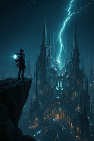 A lone stargazer stands on a cliff overlooking a vast alien metropolis with intricate, gothic-like architecture illuminated by glowing lights and a striking bolt of lightning.