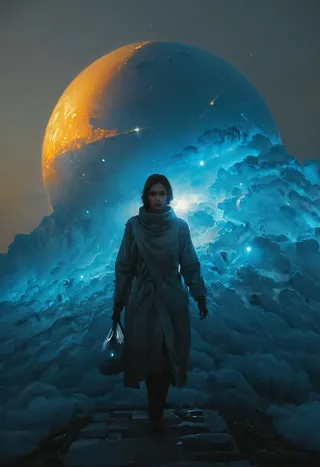 A cyborg goddess walks on a small planet surface at sunset, holding a glowing neon translucent plastic bag with cosmic clouds and a large glowing planet behind her.