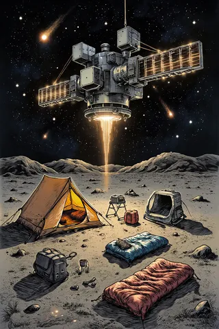 Chalk-style drawing of a futuristic campsite on a lunar surface with tents, sleeping bags, and outdoor gear beneath a glowing space station and starry sky.