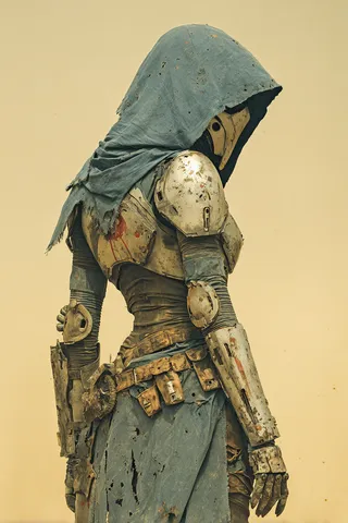 A hooded rogue cyber mechanic dressed in worn futuristic armor with rust and dirt standing against a plain background.
