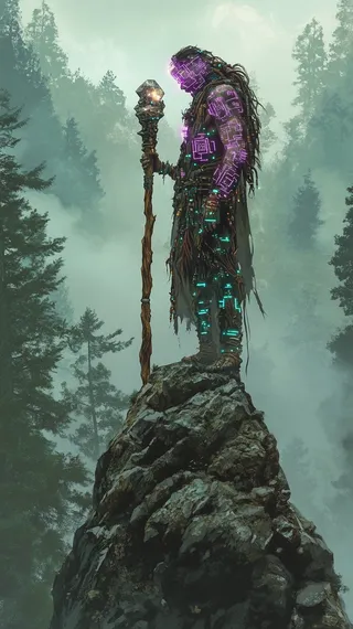 Cyber-Rune Shaman Master glowing with purple and blue runes, holding a staff, standing on a mossy rock in a misty forest.