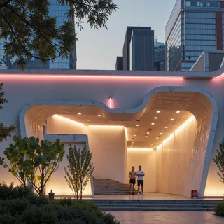 Two men wearing shorts standing under a sculptural concrete bus station illuminated by neon lights, surrounded by urban skyscrapers and plants with softly glowing leaves at dusk.