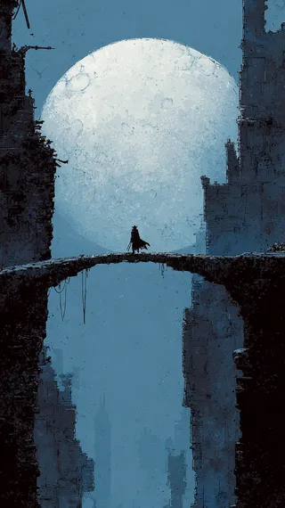 A lone silhouette standing on an ancient stone bridge between tall ruined structures under a large glowing full moon in a night sky.