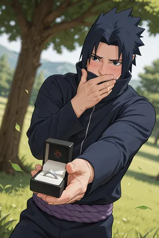 Uchiha Sasuke holding a wedding ring box, shyly covering his mouth, standing outdoors in a grassland with a tree and leaves in the background.