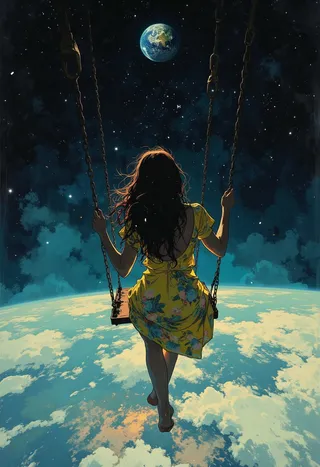 A young woman with long wavy hair wearing a bright yellow floral dress swings over a view of Earth with a starry cosmic background.
