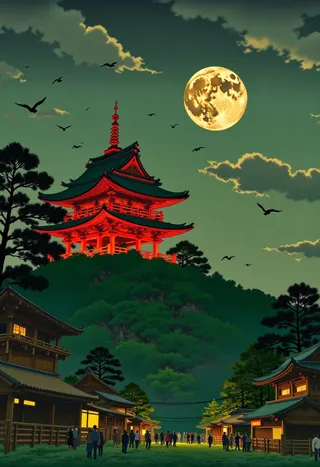 A vibrant night scene showing Fushimi Inari Taisha illuminated under a glowing full moon with birds flying and trees around, styled like a Shiro Kasamatsu woodblock print.