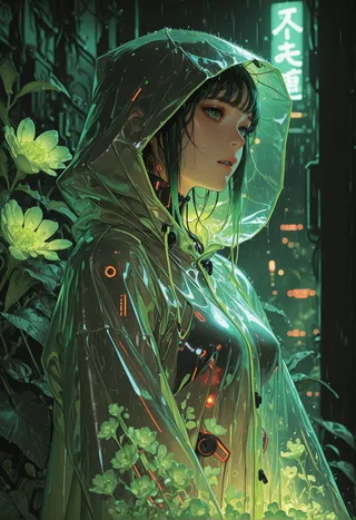 A cyberpunk woman wearing a transparent plastic raincoat with green accents, standing amidst glowing green flowers under cinematic lighting in a futuristic urban setting.